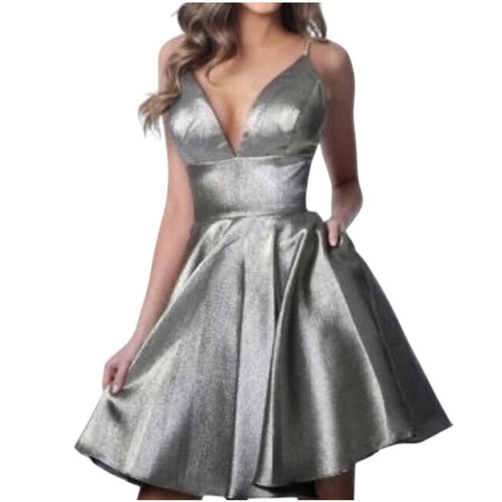 New Jvn By Jovanni Metallic Gray Plunging V-Neck Cocktail Party Mini Dress Sz 10